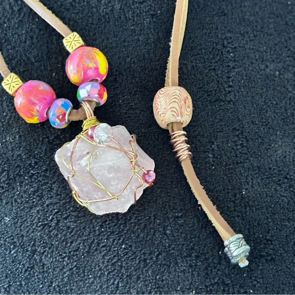 Pink Quartz Crystal Wire Wrapped Stone Pendant Necklace Handmade Leather Cord - Picture 5 of 12